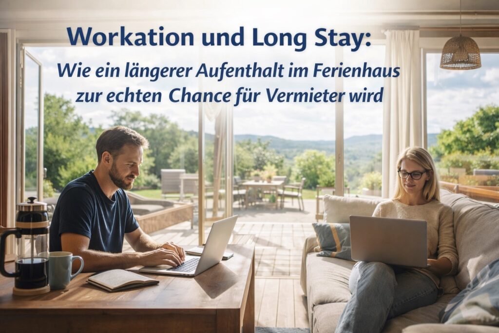 Workation im Ferienhaus mit Ausblick: Mann und Frau arbeiten entspannt. Ideal für Longstay!