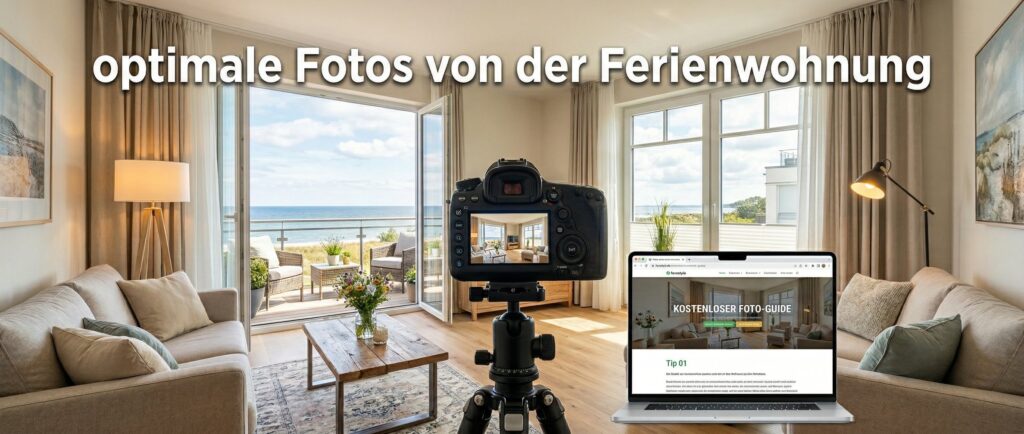 Foto-Guide: Kamera und Laptop zeigen Ferienwohnung mit Meerblick. Tipps für perfekte Fotos!
