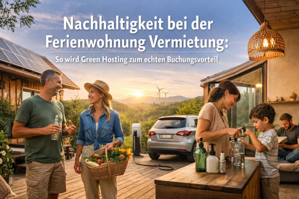 Nachhaltige Ferienwohnung: Familie genießt umweltfreundlichen Lebensstil. Green Hosting leicht gemacht!