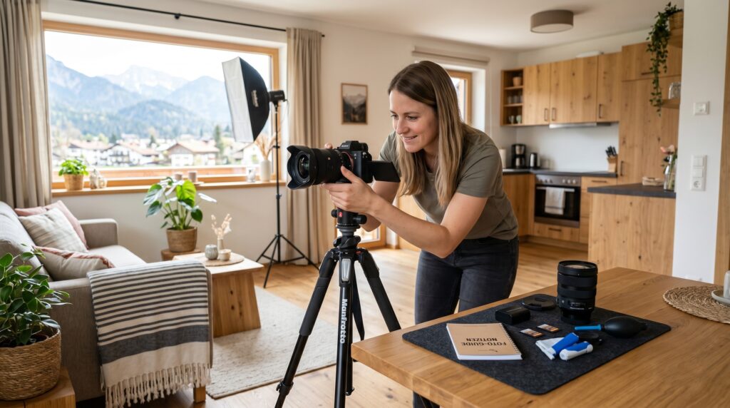 Foto-Equipment-Guide: Frau mit Kamera auf Stativ. Licht, Objektive und Zubehör im Hintergrund.
