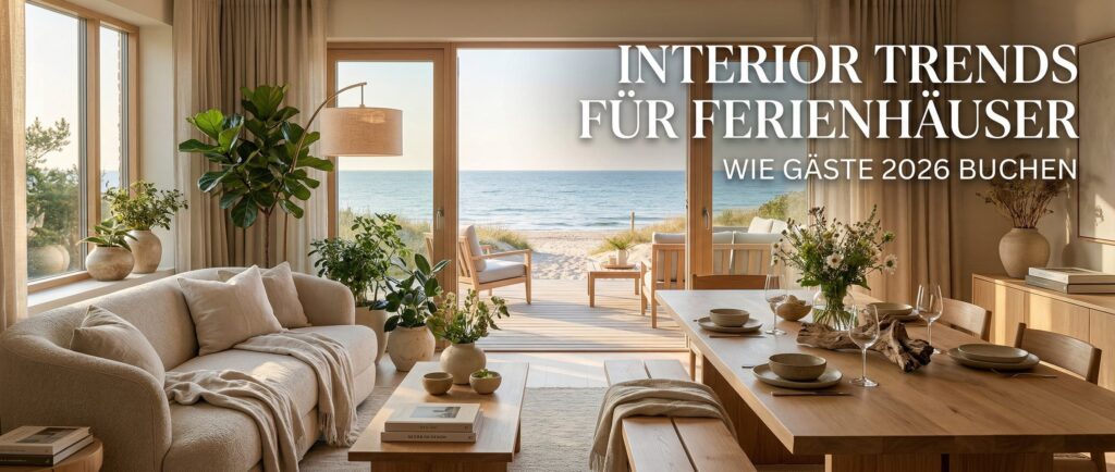 Interior Trends: Wohnzimmer mit Meerblick. Elegantes Design, natürliche Materialien. Ferienhaus-Inspiration.