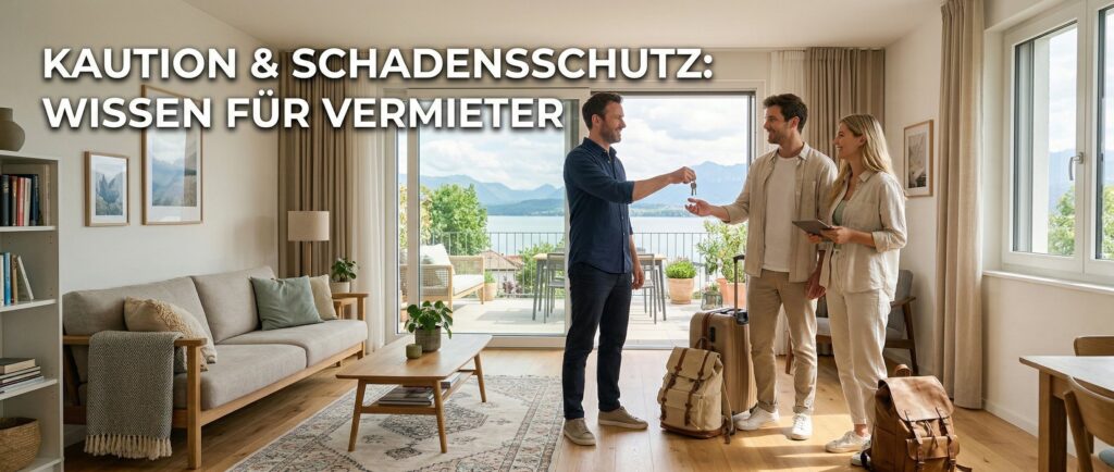 Vermieter übergibt Schlüssel an Paar. Kaution und Schadensschutz für Mieter und Vermieter. Wohnung mit Seeblick.