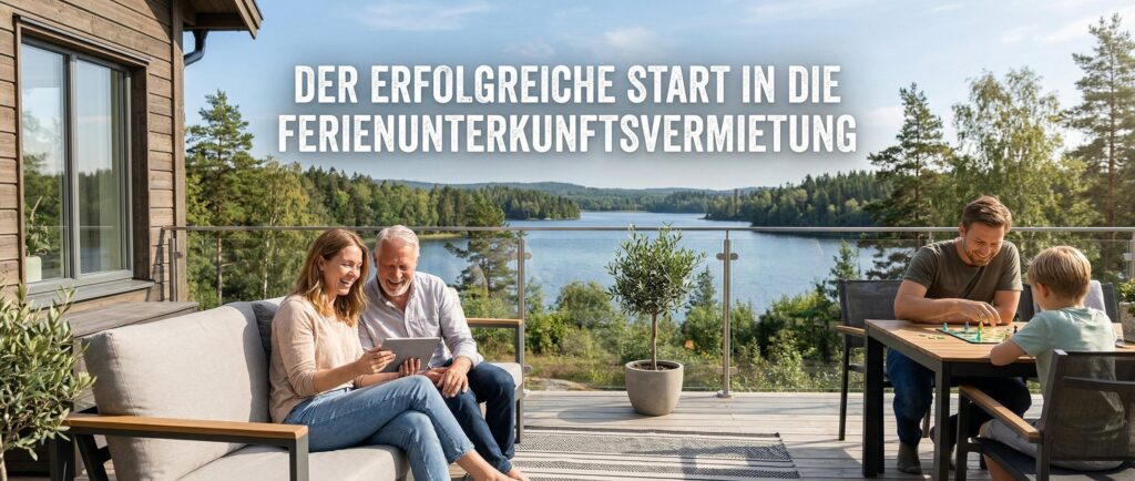 Launch Wizard: Familie genießt Ferienhaus mit Seeblick auf der Terrasse. Entspannung pur!