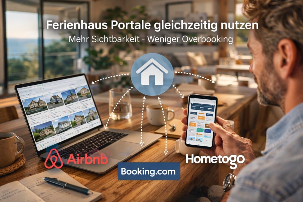 Multichannel Strategie: Laptop, Smartphone und Ferienhaus-Portale wie Airbnb und Booking.com im Einsatz.