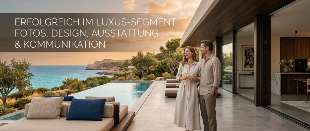 Premium-Luxus-Segment: Paar genießt Ausblick von Villa mit Pool. Exklusives Wohnen am Meer.