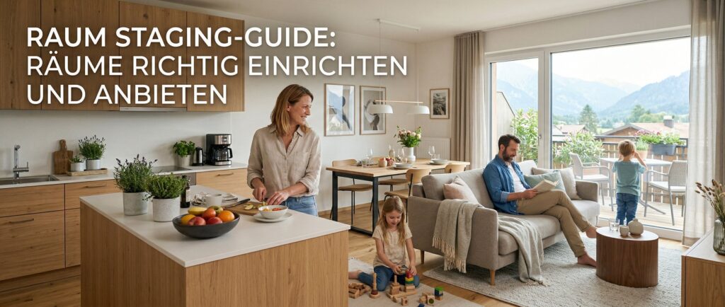 Raum Staging-Guide: Familie richtet Räume ein. Küche, Wohnzimmer, Kinder spielen. Tipps für perfekte Raumgestaltung.