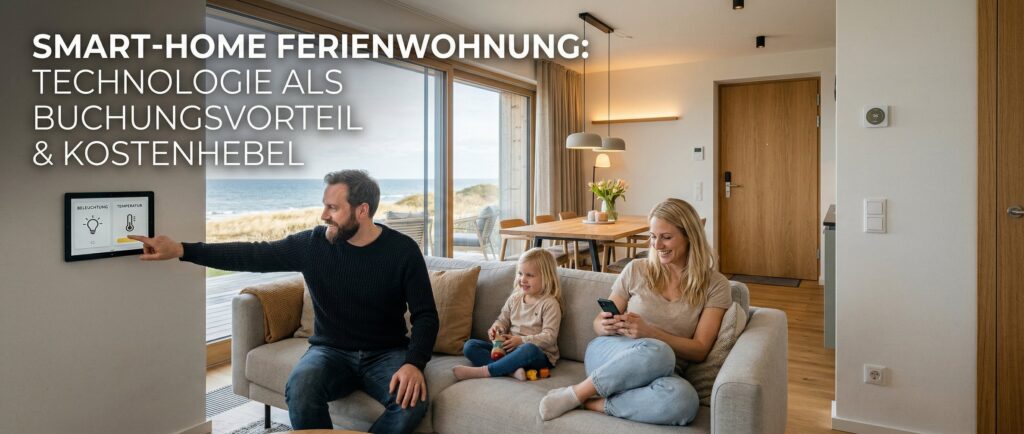 Smart-Home Ferienwohnung: Familie steuert Temperatur. Moderne Technik für komfortablen Urlaub.