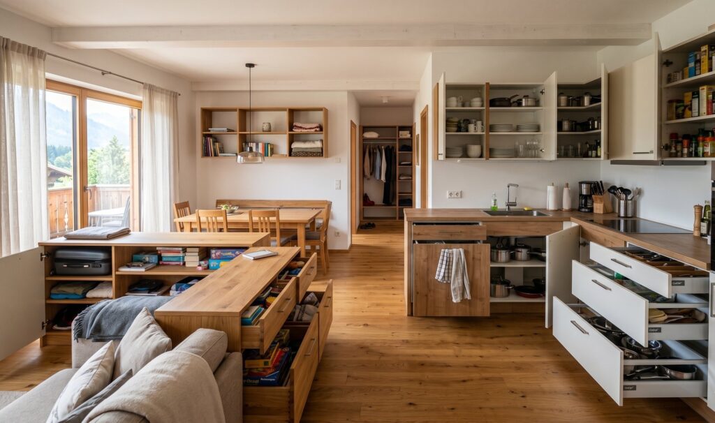 Modernes Wohnzimmer mit offener Küche, Holzmöbeln und viel Stauraum. Gemütliches Ambiente mit natürlichem Licht.