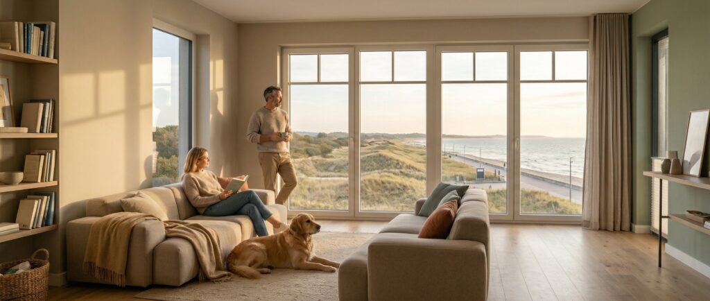 Helle Wohnung mit Meerblick: Paar entspannt auf Couch, Goldener Retriever liegt daneben. Modernes Wohnambiente.