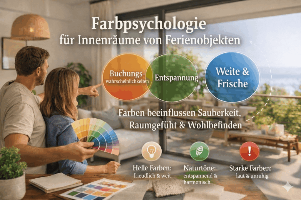 Farbpsychologie: Paar wählt Farben für Ferienobjekt. Tipps für Buchungschancen, Entspannung & Frische. 120 Zeichen.