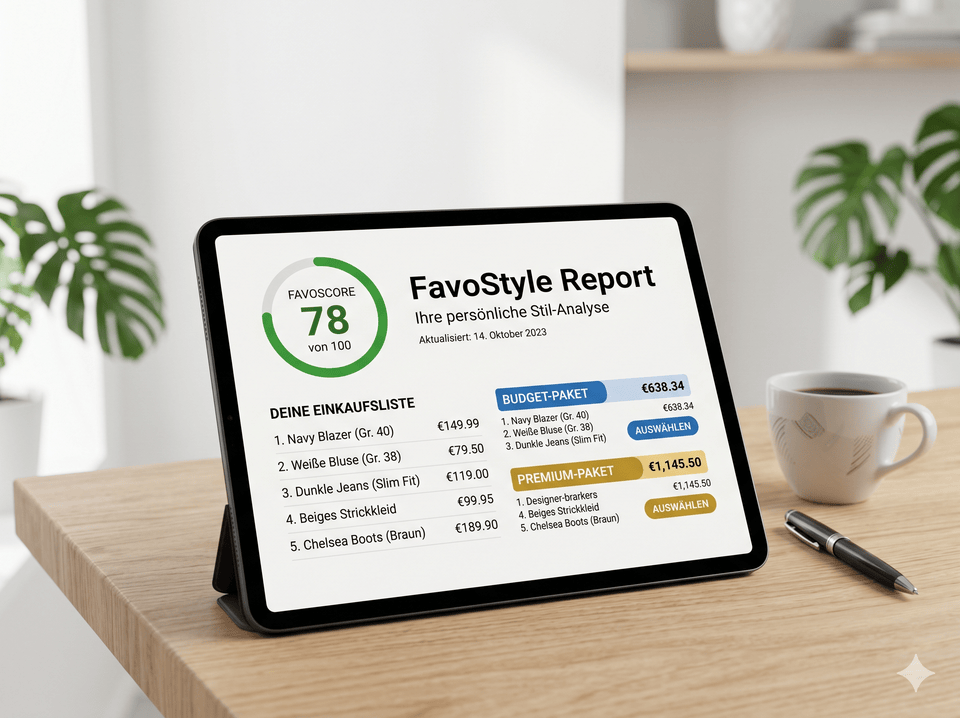 Favostyle Report Preise: Einkaufsliste mit Mode Artikeln und Preisen auf einem Tablet dargestellt.