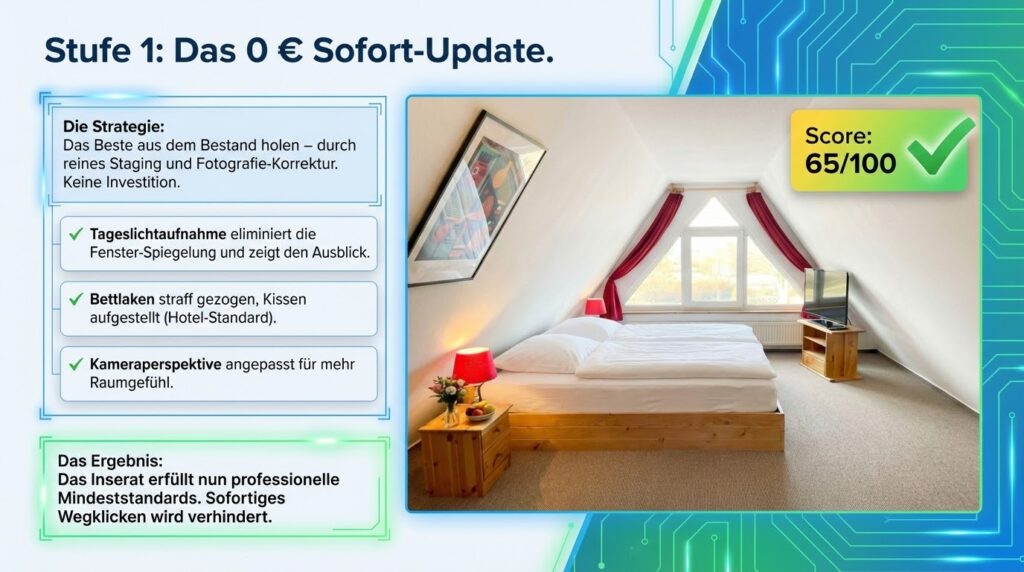 Stufe 1: Das 0 € Sofort-Update. Strategie und Ergebnis. Score: 65/100.