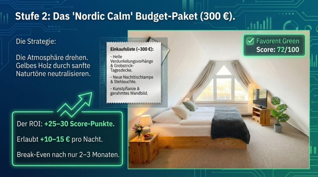 Stufe 2: Nordic-Calm-Budget-Paket (300€). Die Atmosphäre drehen, Einkaufsliste. Score: 72/100.