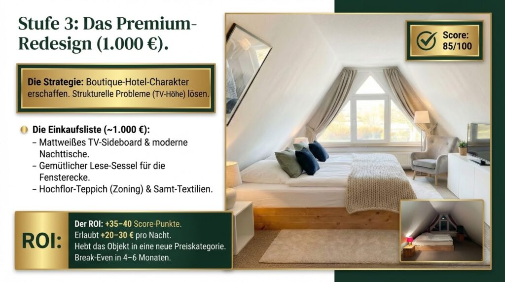 Stufe 3: Das Premium-Redesign. Strategie und Einkaufsliste. Score: 85/100.